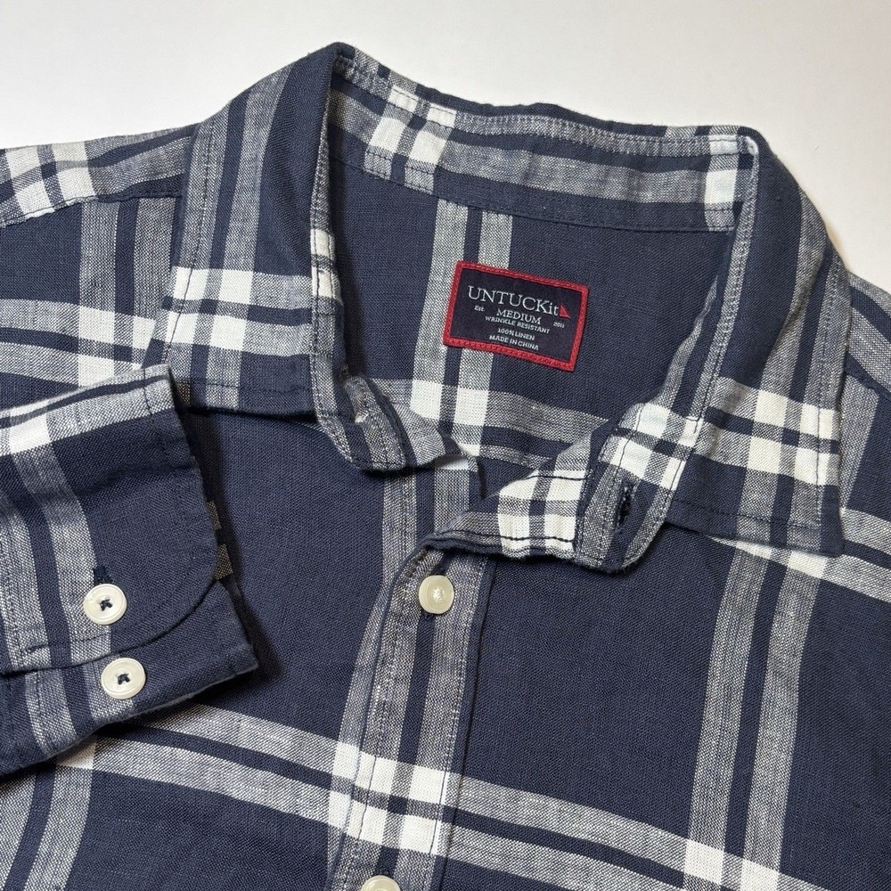UNTUCKit Ovada WR Linen Men's Medium Navy Plaid Wrinkle Resistant Shirt
